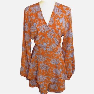 Rust W/ Blue Floral Print Long Sleeve Romper NWOT